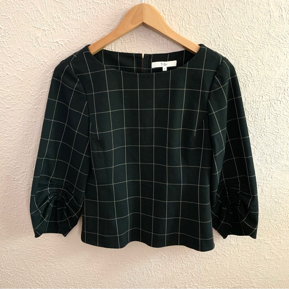 TIBI black Windowpane Plaid Ruched Cuff top